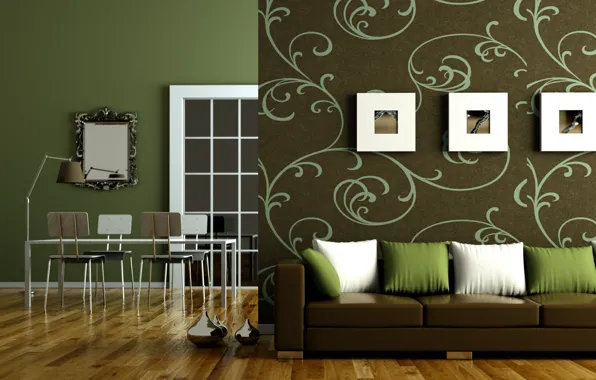 Picture design, green, style, table, sofa, tree, lamp, chairs