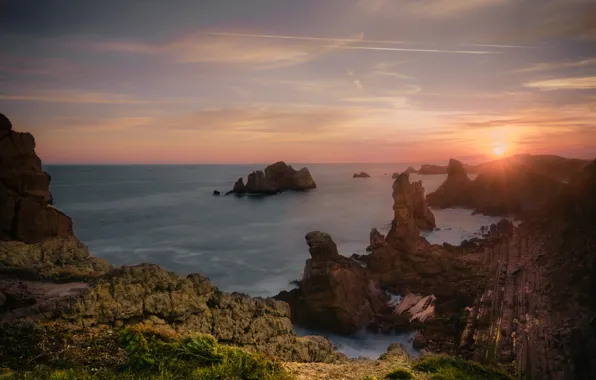 Sea, the sky, the sun, clouds, rays, landscape, sunset, nature