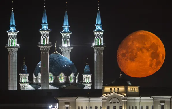 Shine, the building, architecture, red moon, Kazan, Kul-Sharif