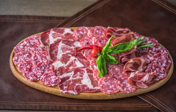 Meat, sausage, cutting, spices, Basil
