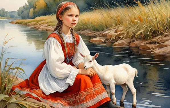 Forest, white, girl, red, river, stones, shore, tale