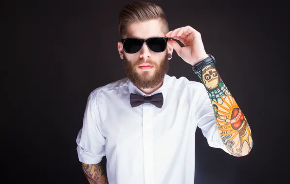 Picture watch, tattoos, shirt, sunglasses