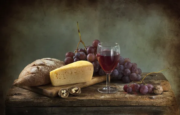 Wine, cheese, bread, grapes, walnut