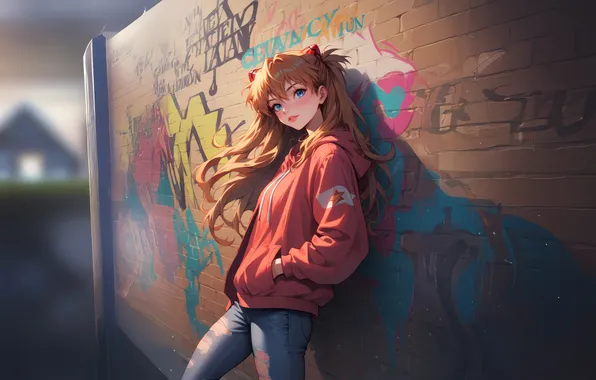Girl, wall, brick, ai art