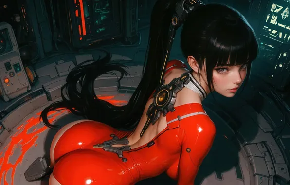 Ass, look, pose, brunette, digital art, digital art, tight suit, AI art