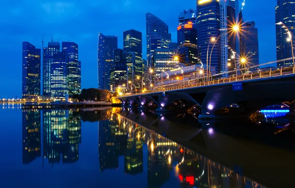 Picture bridge, the city, lights, reflection, the evening, Singapore, Singapore, Malaysia