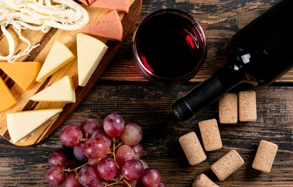 Wine, glass, bottle, cheese, grapes