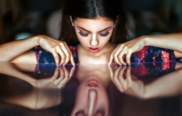 Face, pose, eyelashes, reflection, hands, makeup, dress, brunette