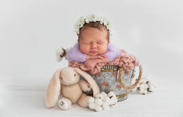 Girl, cotton, light background, wreath, baby, the barrel, plush rabbit