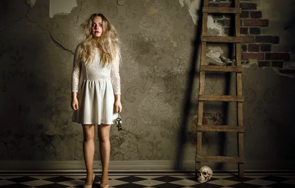 Picture girl, skull, ladder