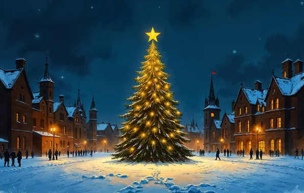 Winter, balls, snow, night, the city, lights, people, holiday