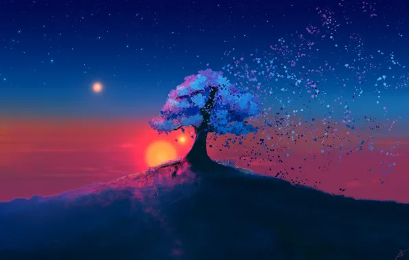 Sunset, The sun, The sky, Tree, Stars, Leaves, Fantasy, Art