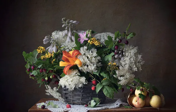 Leaves, berries, raspberry, table, food, Lily, treatment, bouquet