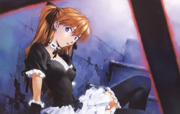 Stage, gloves, red, uniform, the maid, Neon genesis evangelion, ruffles, black stockings