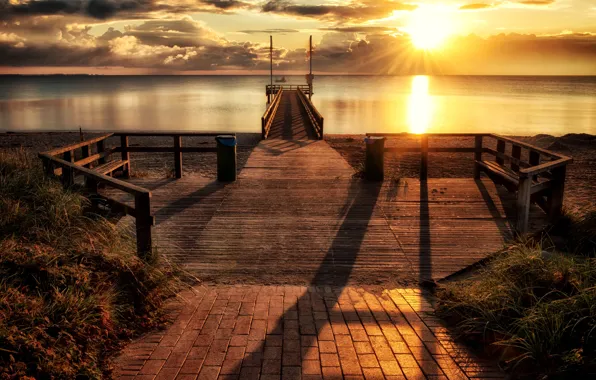 The sun, sunset, lake, tree, boat, horizon, pierce, sunshine