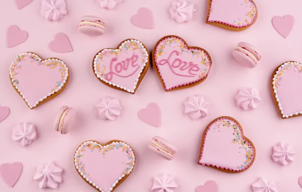 Love, holiday, the inscription, heart, cookies, hearts, pink, pink background