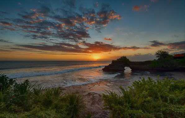 Sea, beach, the sky, clouds, sunset, stones, shore, horizon