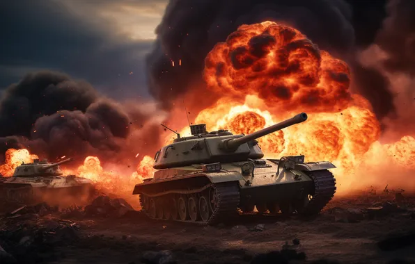 Smoke, Fire, Explosions, Tanks, Digital art, AI art, The Art of Artificial Intelligence, Neural network