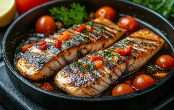 Greens, table, food, fish, dill, pieces, vegetables, tomatoes