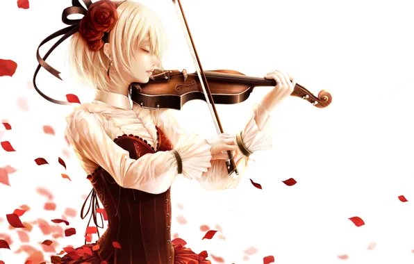 Girl, violin, rose, anime, petals, art, bouno satoshi