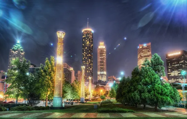 Trees, night, city, the city, building, skyscrapers, USA, Atlanta