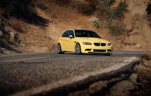 Picture road, yellow, bmw, BMW, front view, e90, sports sedan, Dakar yellow