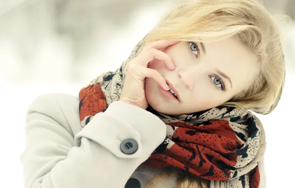 Picture winter, eyes, look, girl, snow, face, hair, hand