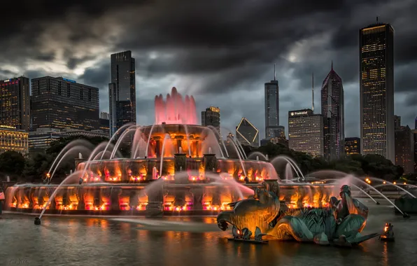 Building, home, backlight, Chicago, fountain, Il, night city, Chicago