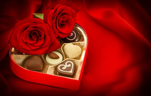 Chocolate, roses, candy, buds, Valentine's Day