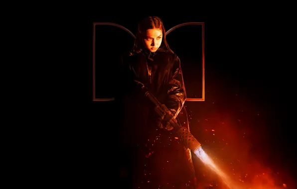 Girl, brunette, black background, action, poster, Ballerina, flamethrower, Dolby Digital