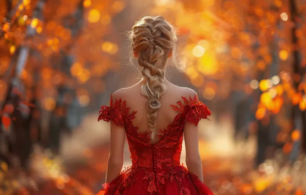 Autumn, girl, Park, hairstyle, blonde, braid, red dress, Princess