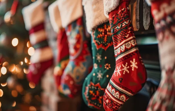 Lights, pattern, Christmas, New year, socks, ornament, a lot, bokeh