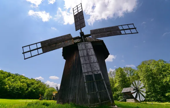 Greens, summer, the sky, grass, the sun, clouds, trees, mill