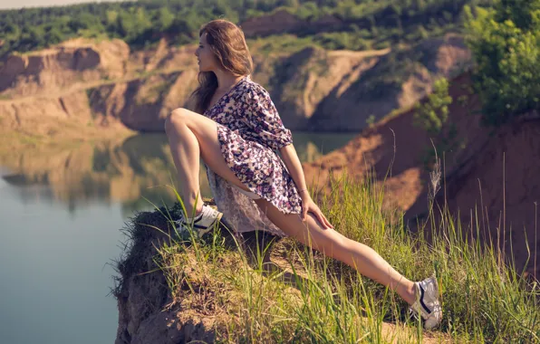 Dress, trees, nature, lake, model, women, brunette, sneakers