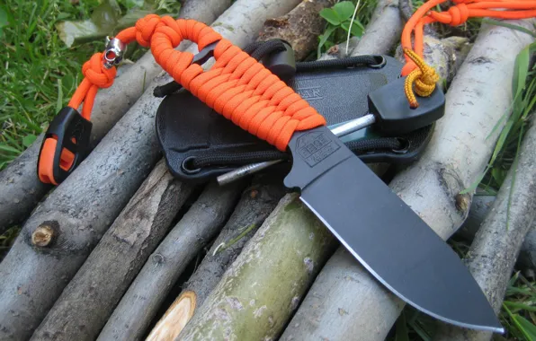 Orange, black, knife, cord, blade, sheath