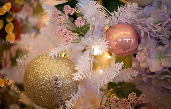 Decoration, flowers, holiday, balls, toy, tree, new year, icicles