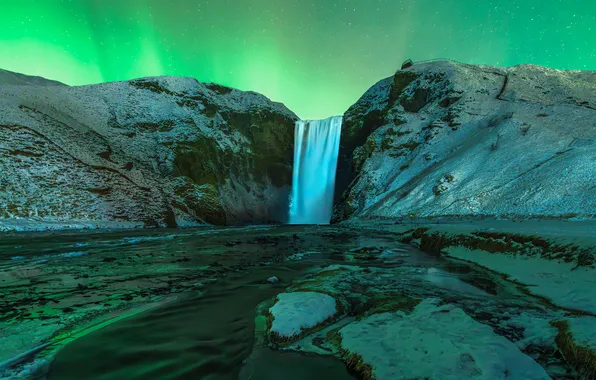 Winter, mountains, night, rocks, shore, waterfall, glow, Northern lights