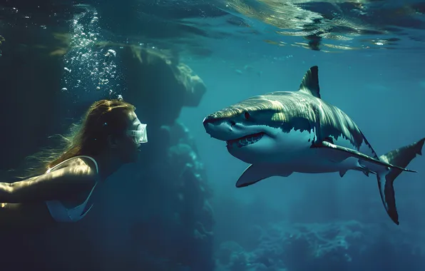 Girl, Shark, Predator, Two, Underwater world, Digital art, Danger, AI art