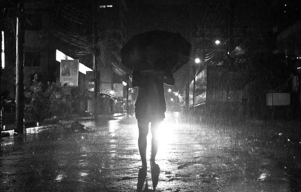 Light, umbrella, rain, street, lights, people, silhouette, car