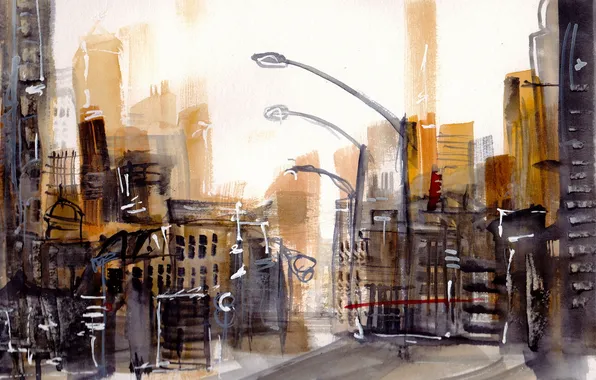 The city, picture, watercolor