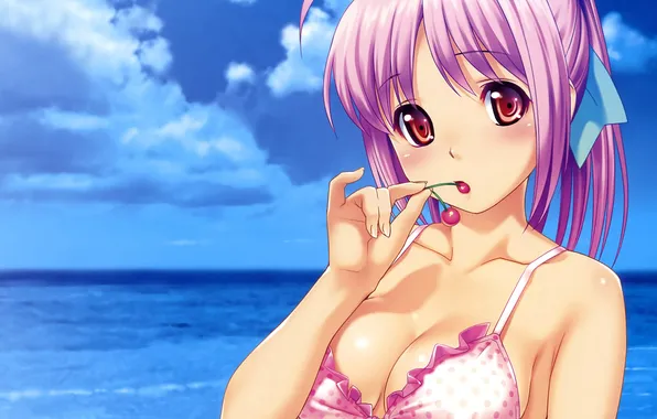Sea, beach, swimsuit, chest, eyes, look, girl, cherry