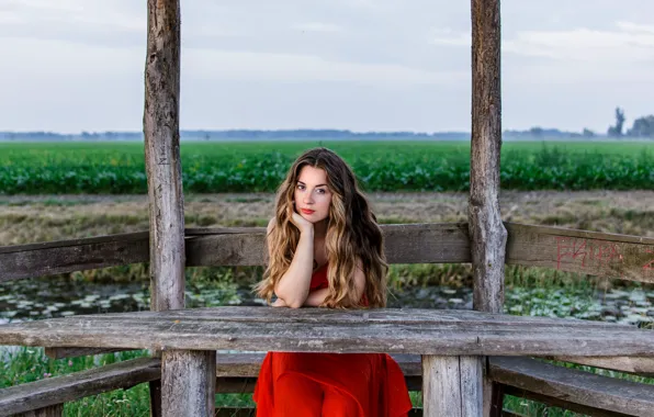 Picture look, girl, hair, in red, gazebo