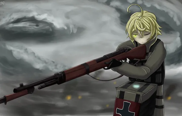 Girl, gun, soldier, military, weapon, war, anime, chibi