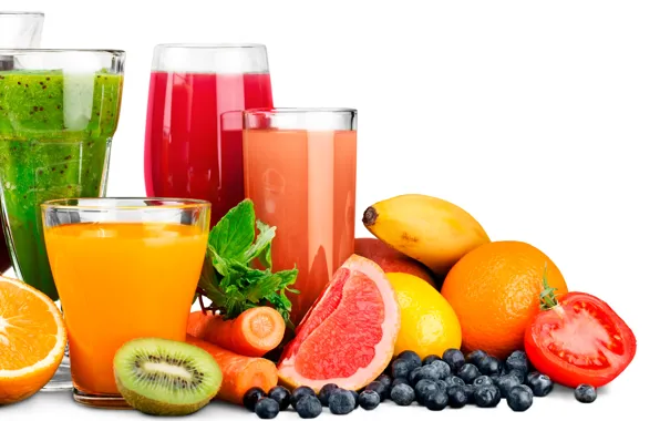 Picture lemon, oranges, kiwi, blueberries, berry, white background, glasses, fruit