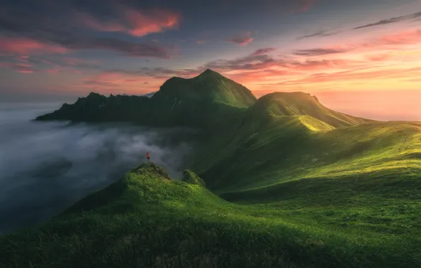 Picture the sky, mountains, people, morning, slope