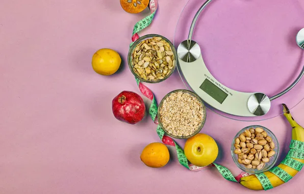 Apples, fruit, nuts, banana, Libra, garnet, muesli