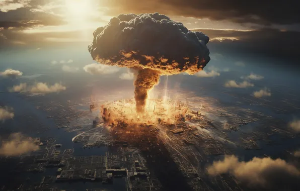 The city, Mushroom, The explosion, Digital art, A nuclear explosion, Destruction, AI art, Nuclear weapon