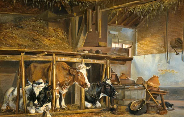 Animals, oil, picture, canvas, Jan van Ravenswaay, Cows in the Barn