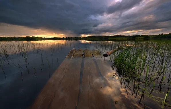 Picture clouds, lake, pier, Karelia, Kolodozero