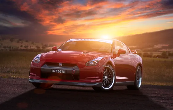 Picture the sun, sunset, red, red, Nissan, GT-R, Blik, Nissan